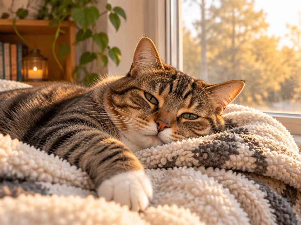 Gato descansando sobre una cobija junto a la ventana