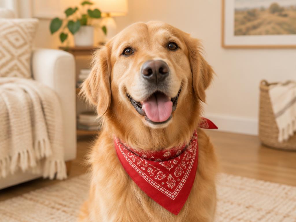 Perro feliz con pañoleta roja en casa