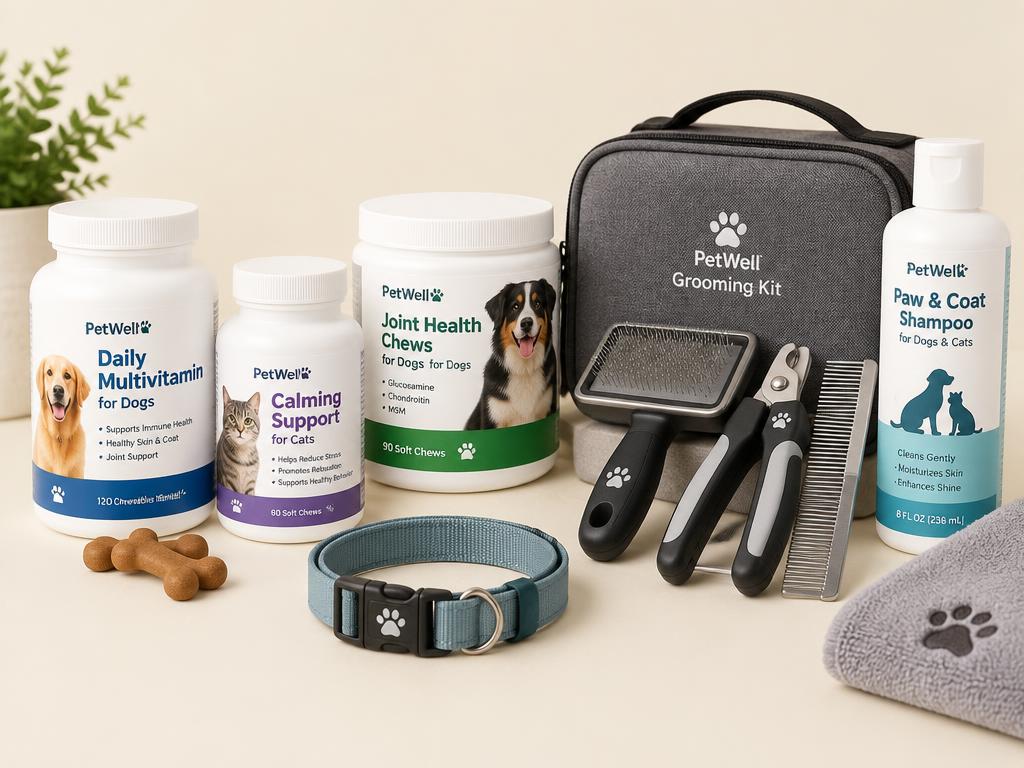 Vitaminas y kit de aseo para mascotas