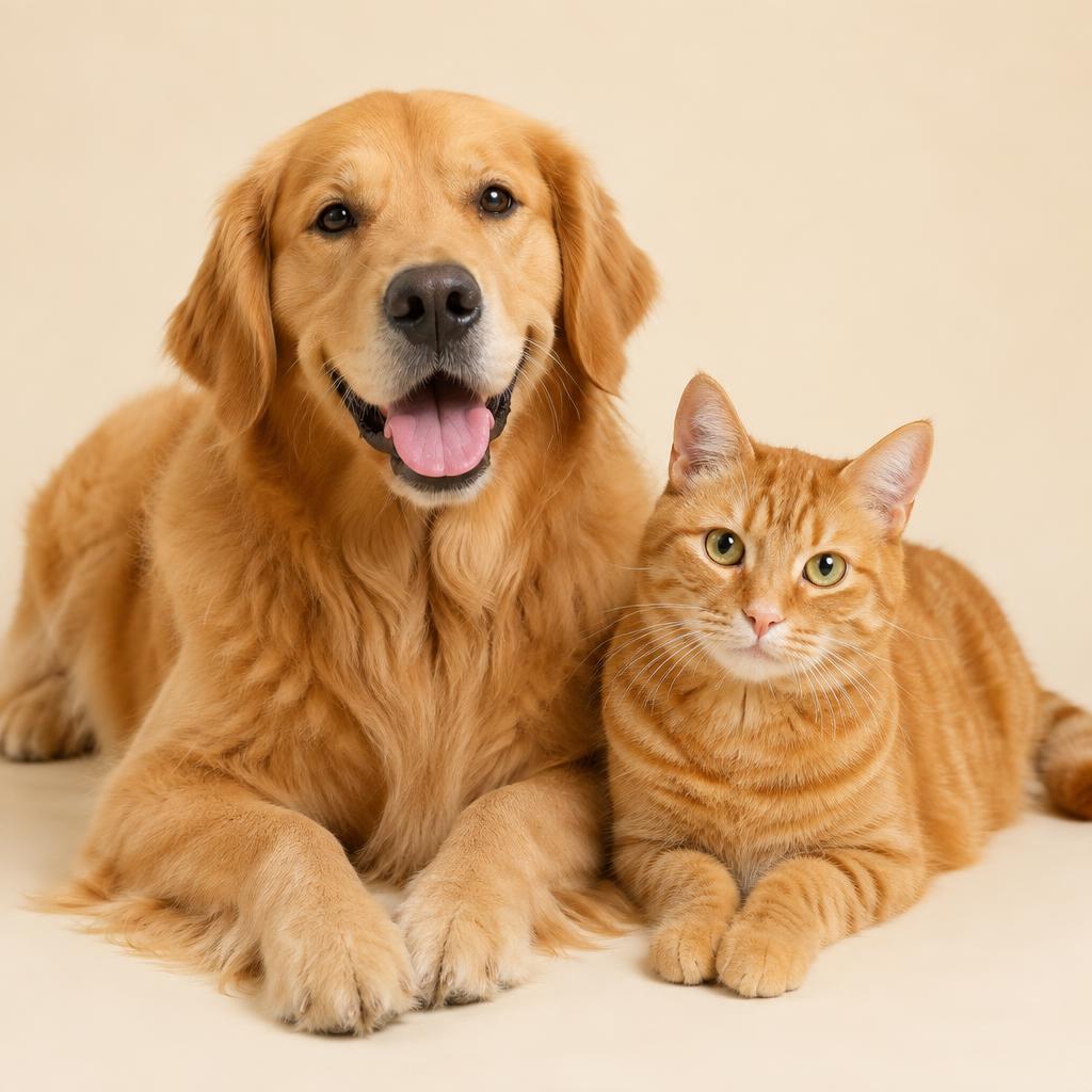 Perro golden retriever y gato naranja juntos